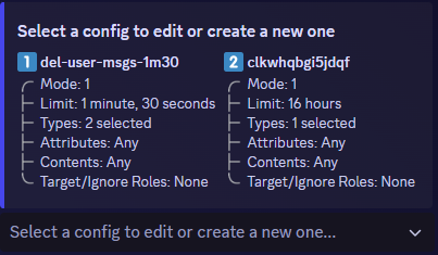 A Discord Embed listing 2 EazyAutodelete configs with their options. A dropdown to select a config at the bottom.