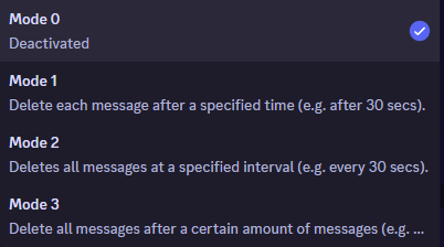 A Discord Dropdown showing 4 Modes of EazyAutodelete.